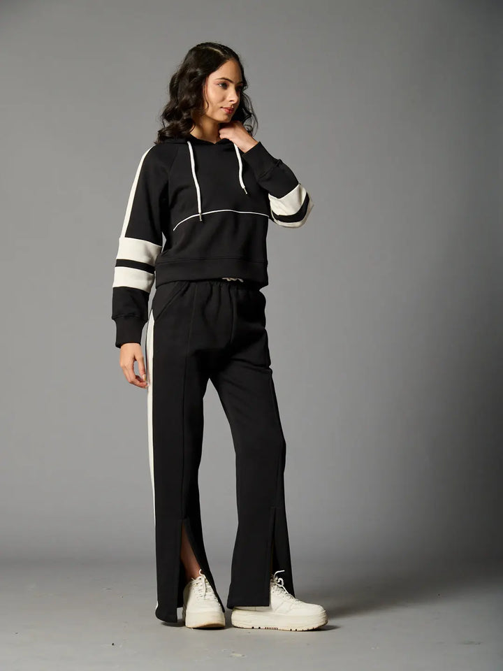 Colourblock Hoodie with Side Slit Fleece Pants Coord set for Women Risate