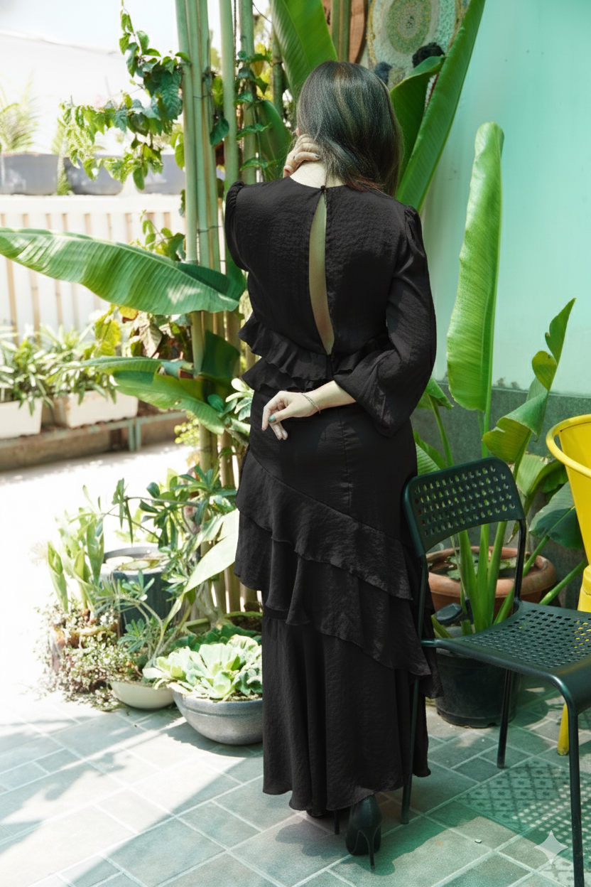 Elegant black evening gown for women featuring a back keyhole and ruffle detailing in a stylish outdoor setting