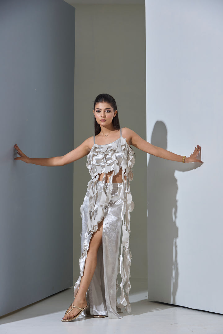 Risate designer women's western wear set in elegant silver with ruffled details and stylish slit