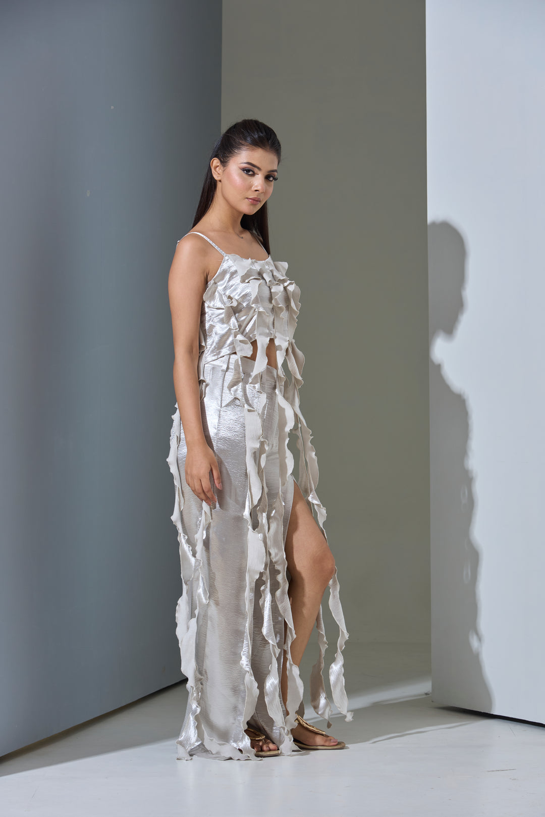 Risate designer women's western wear set featuring a stylish layered design with a dramatic slit