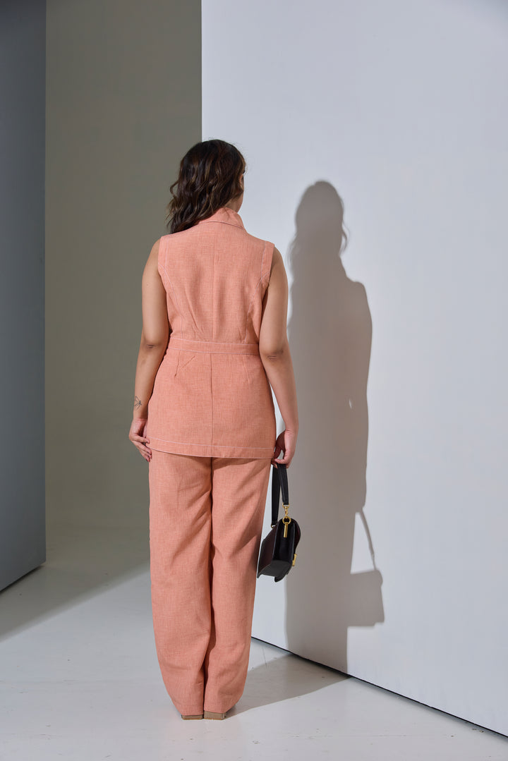 Model wearing Sleeveless Top stitch Waist Coat with Pants
