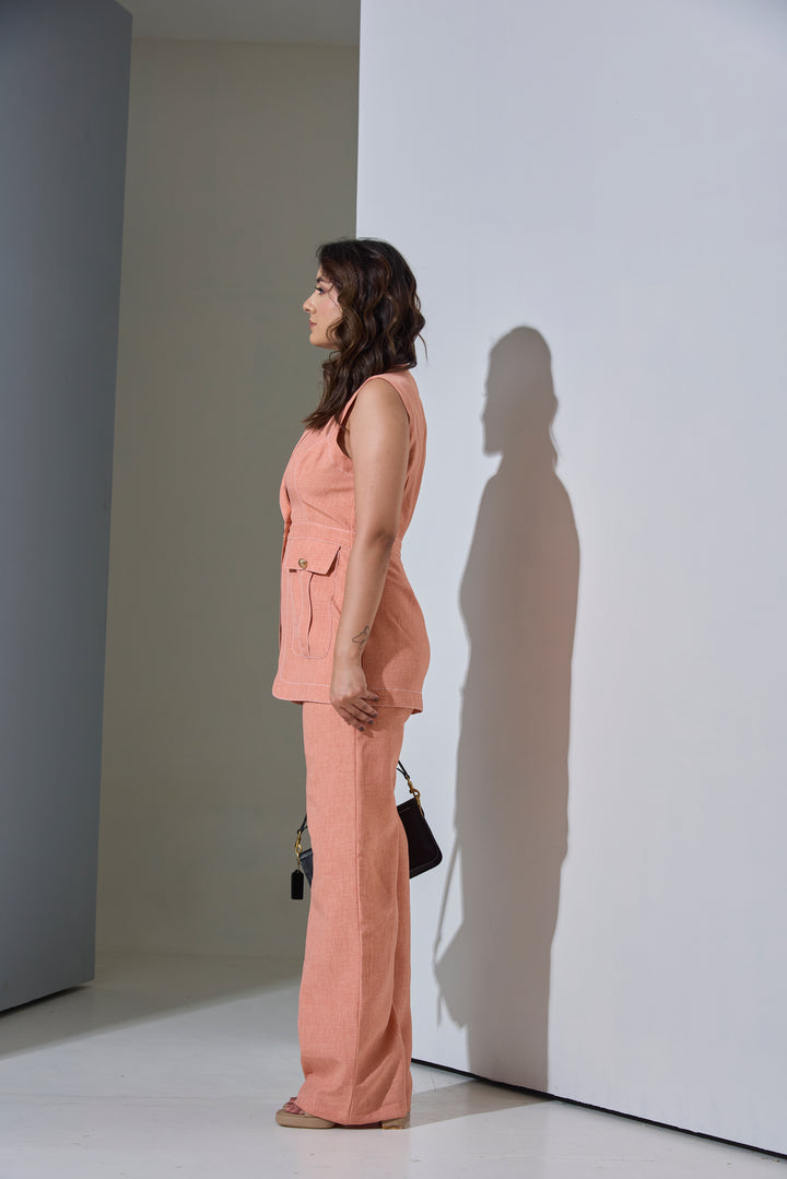 Model wearing Sleeveless Top stitch Waist Coat with Pants