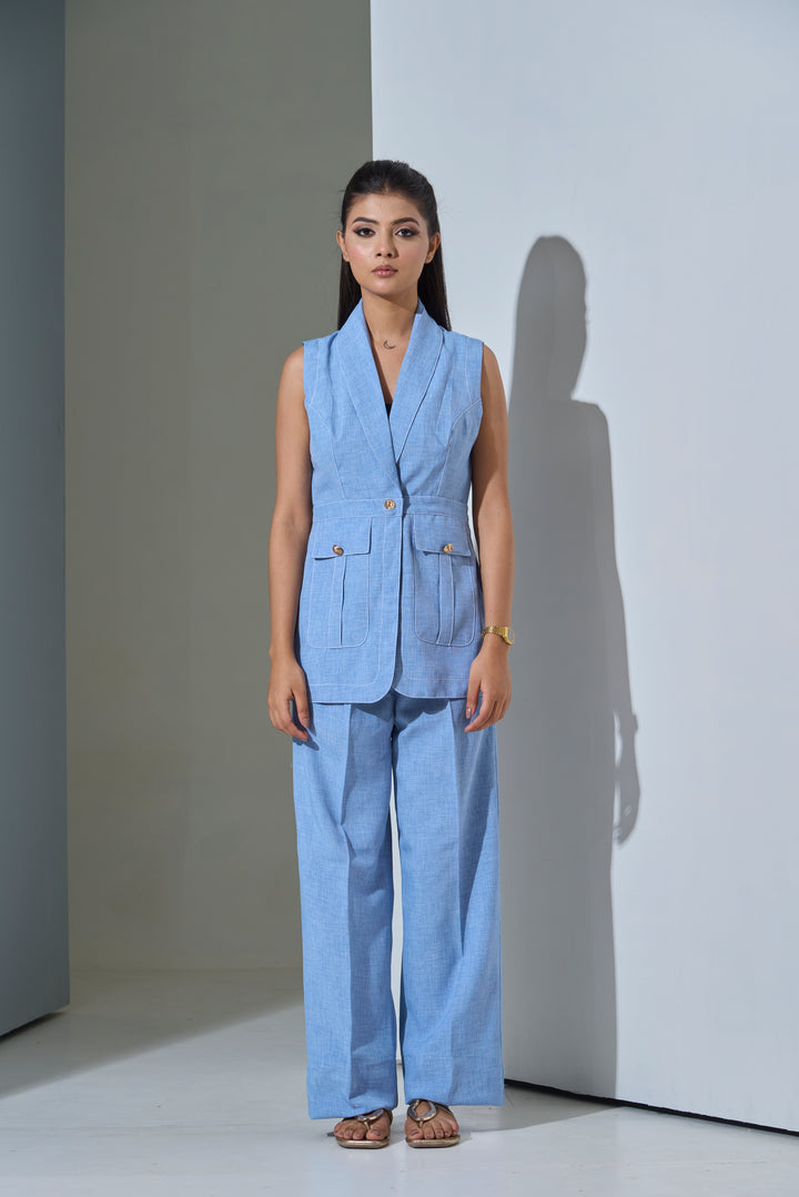 Model wearing Sleeveless Top stitch Waist Coat with Pants