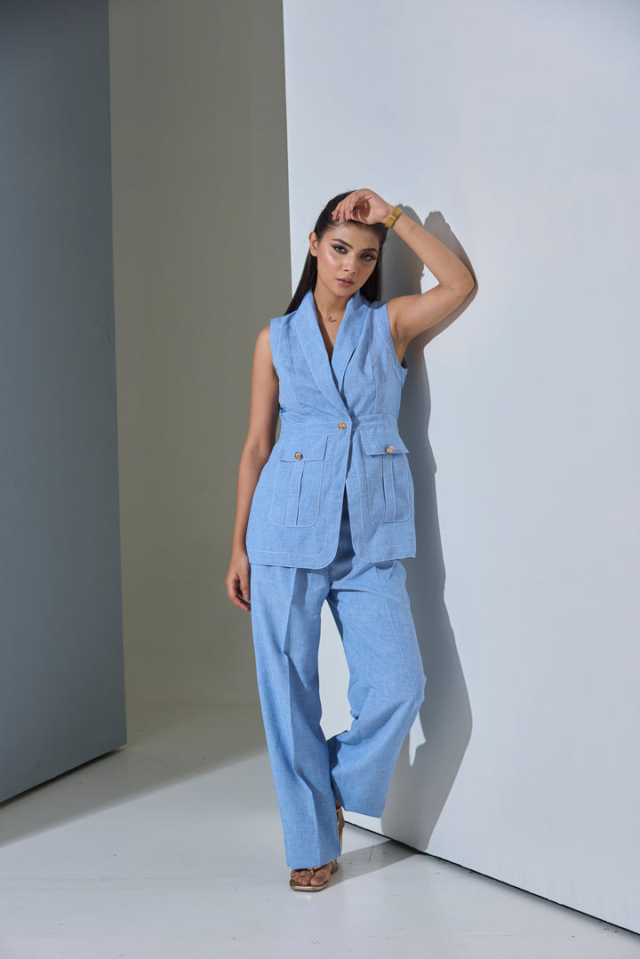 Model wearing Sleeveless Top stitch Waist Coat with Pants