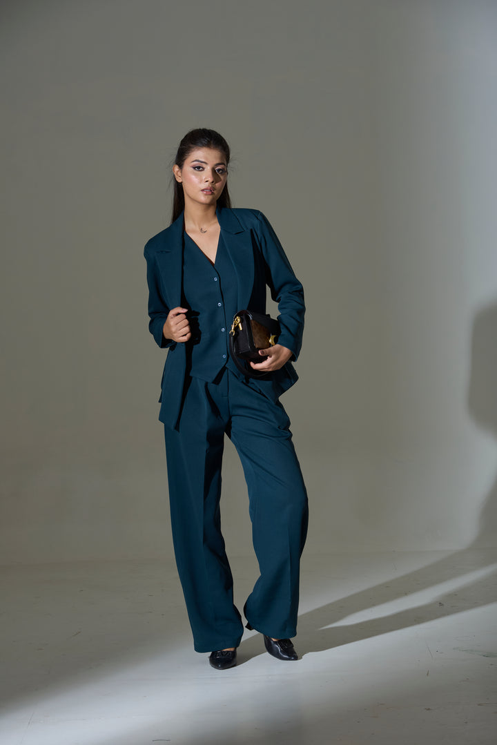 Model wearing 3 piece set(Blazer, Waist coat and Pants)
