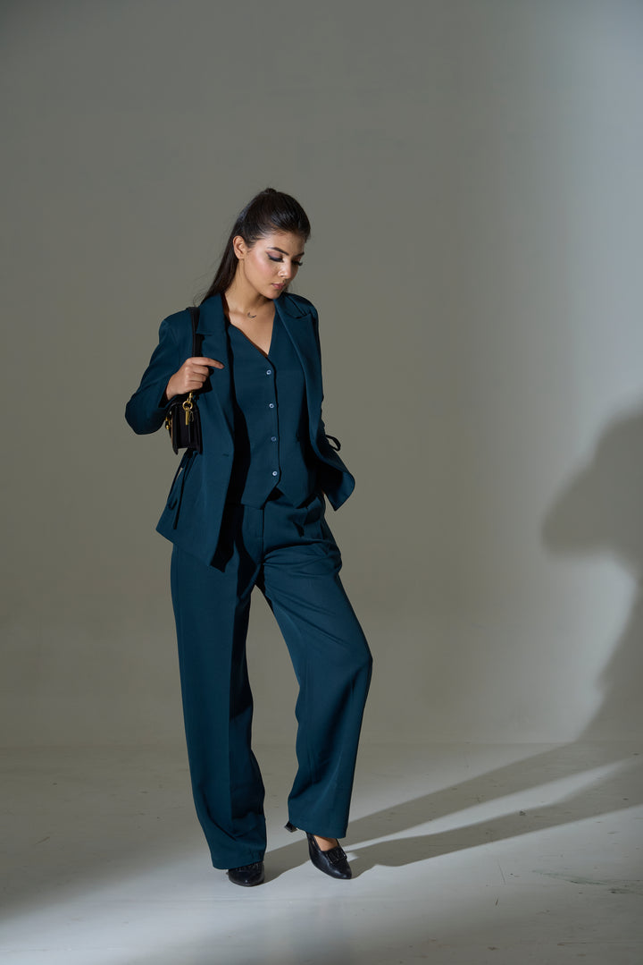 Model wearing 3 piece set(Blazer, Waist coat and Pants)

