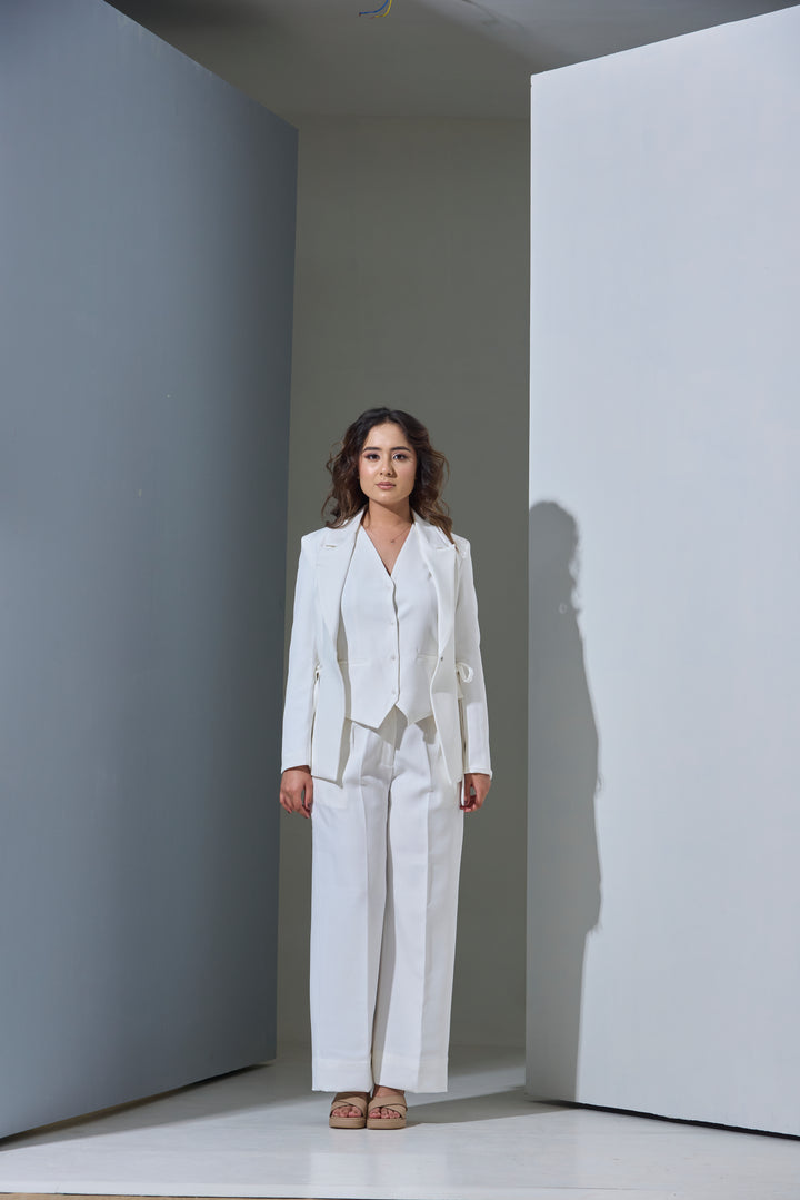 Model wearing 3 piece set(Blazer, Waist coat and Pants)