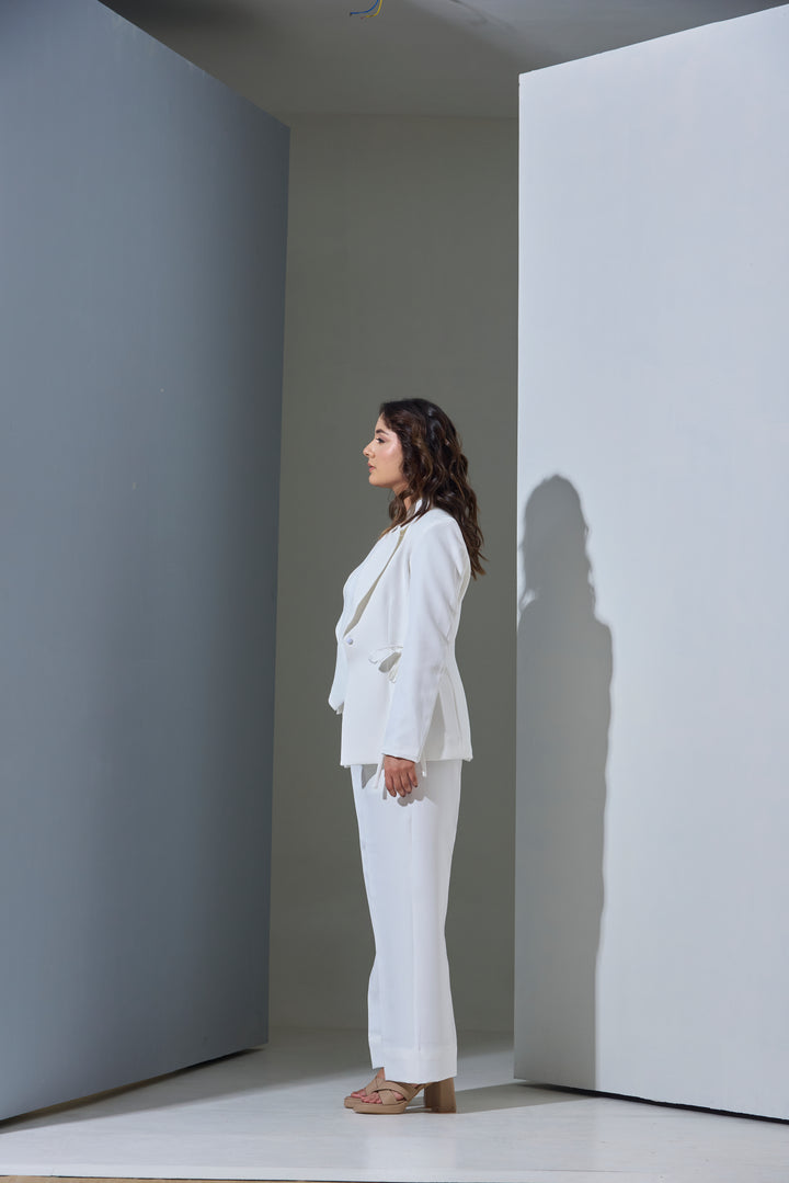 Model wearing 3 piece set(Blazer, Waist coat and Pants)