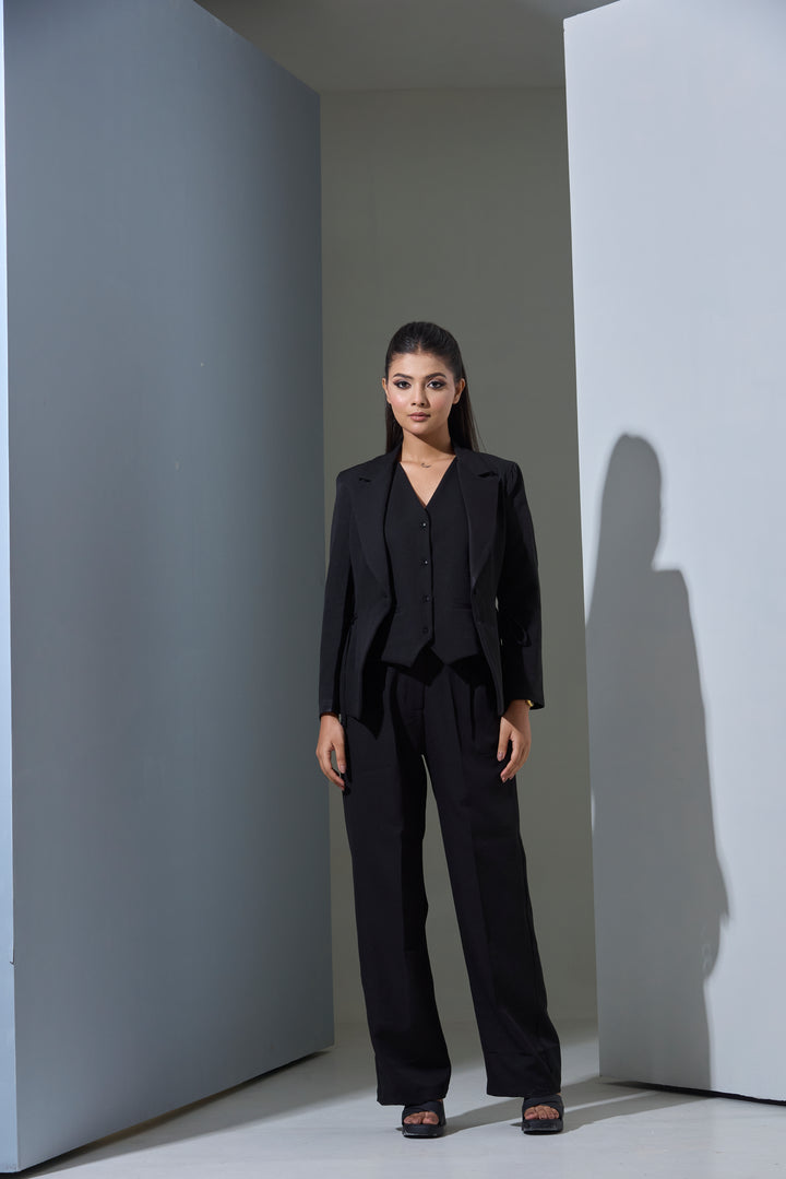 Model wearing 3 piece set(Blazer, Waist coat and Pants)