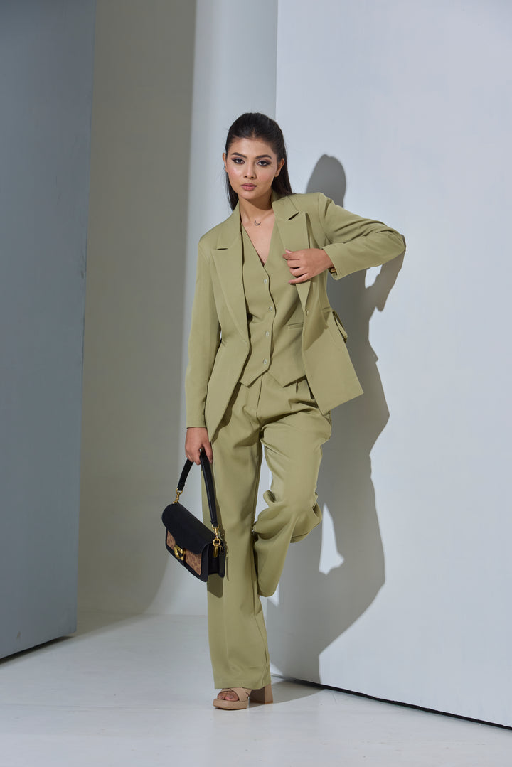 Model wearing 3 piece set(Blazer, Waist coat and Pants)