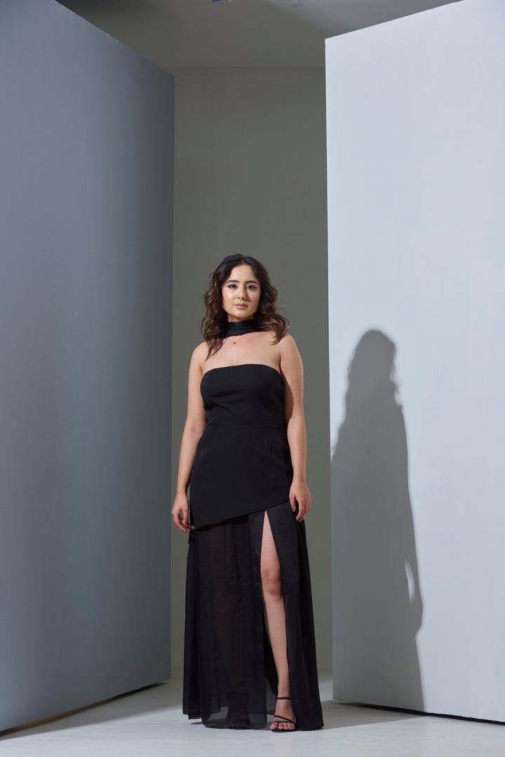 Woman in a black strapless gown with Chiffon Satin Stole