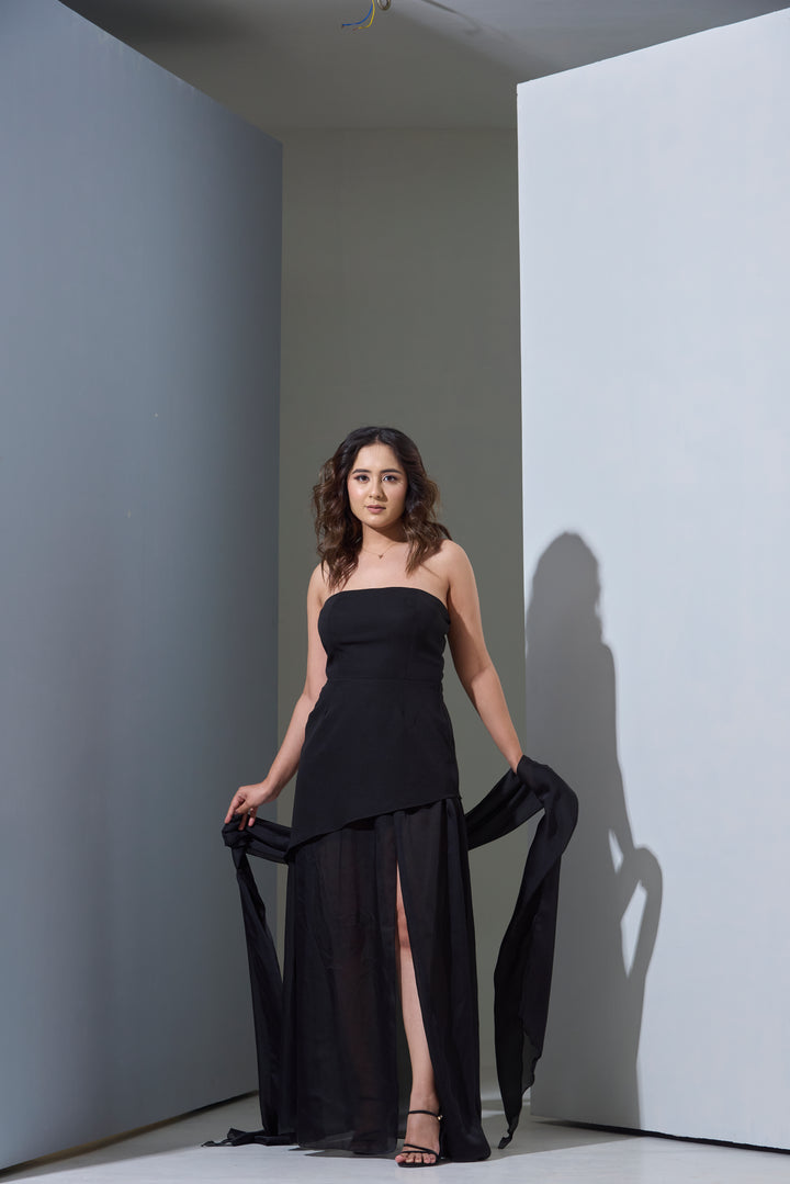 Woman in a black strapless gown with Chiffon Satin Stole