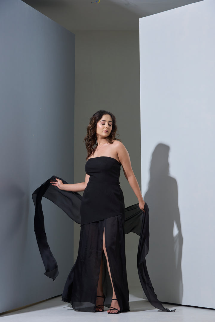Woman in a black strapless gown with Chiffon Satin Stole