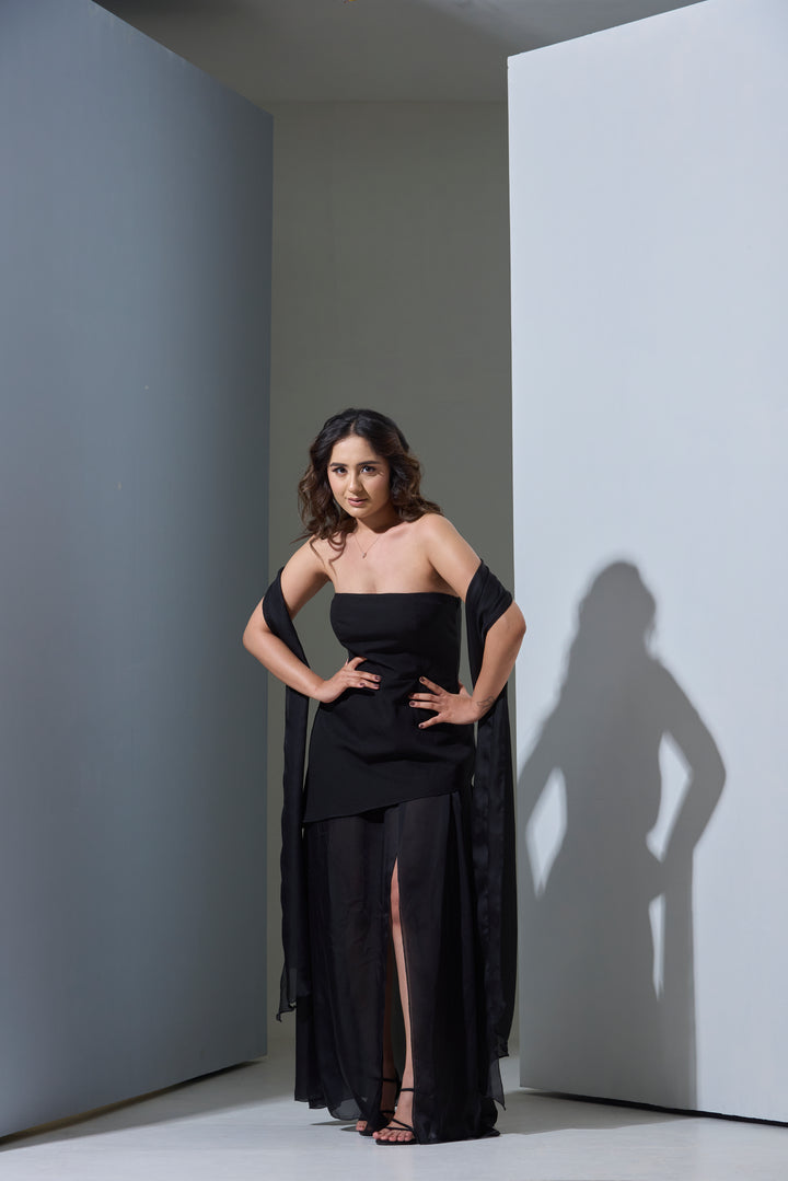 Woman in a black strapless gown with Chiffon Satin Stole