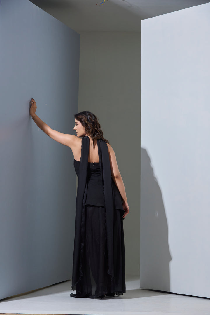 Woman in a black strapless gown with Chiffon Satin Stole