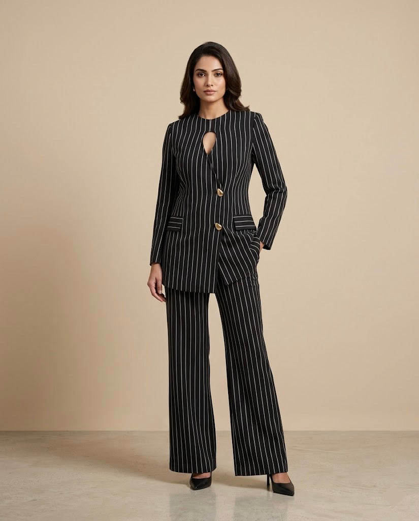 Woman wearing a black pinstripe suit against a beige background