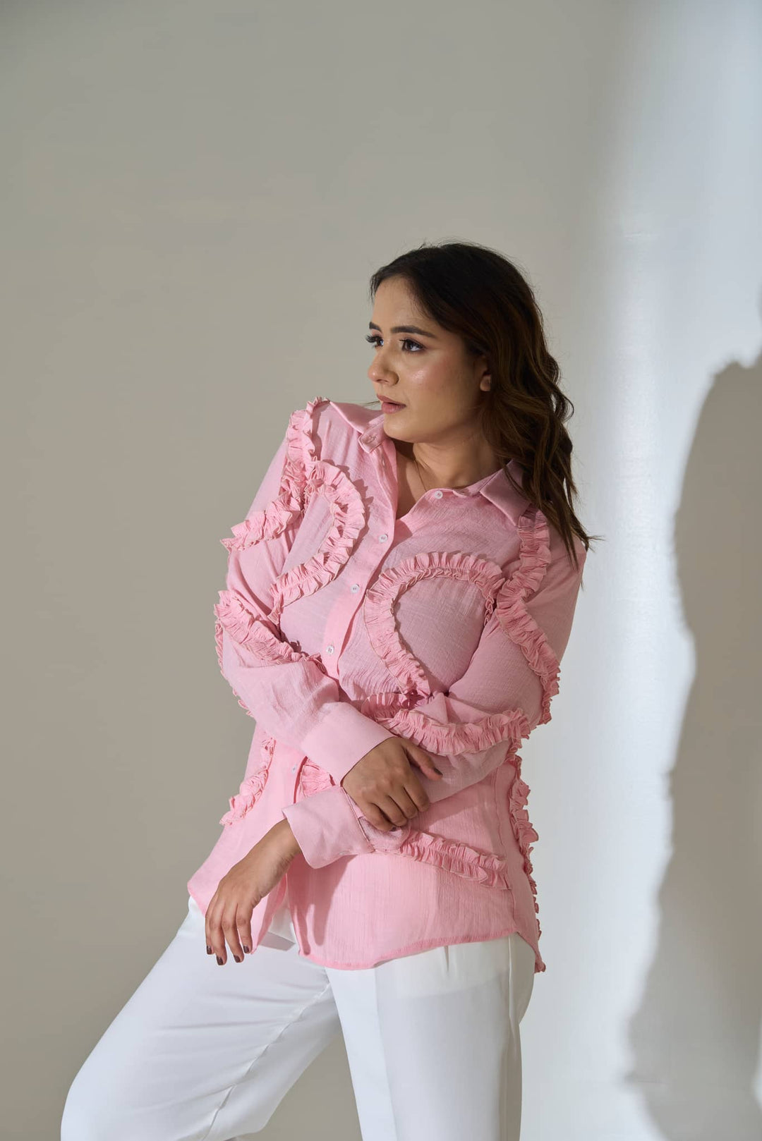 Blush Pink Ruffle Detail Linen Blend Shirt - Risate