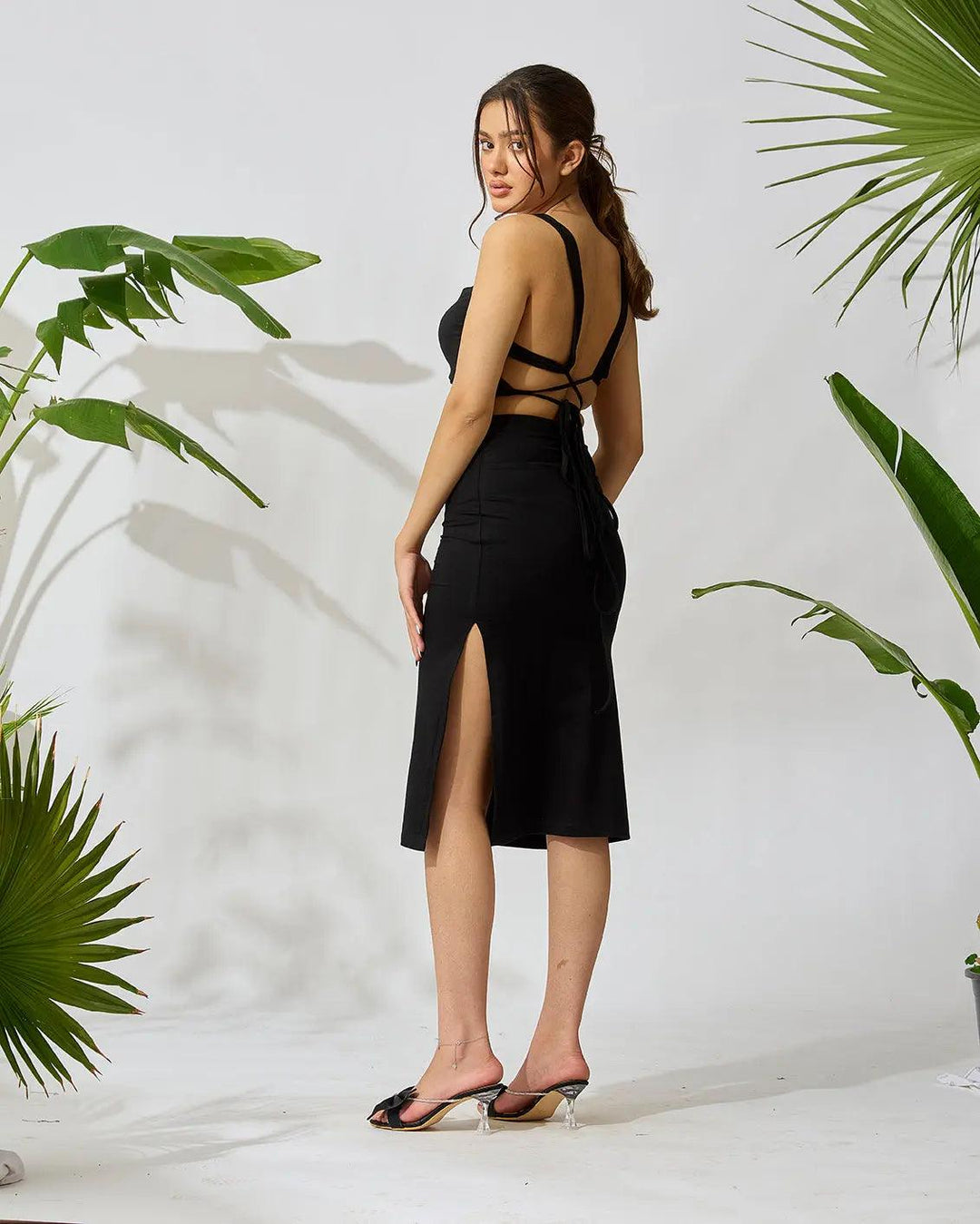 Bodycon Knee Length Dress with Back String Detail - Risate