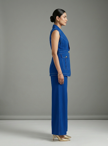 Cobalt Blue Contrast Stitch Waistcoat & Trousers Co-ord Set - Risate