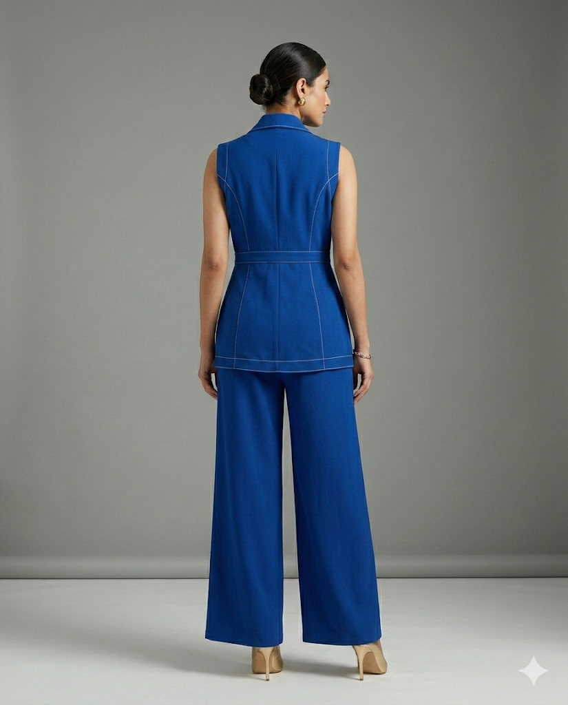 Cobalt Blue Contrast Stitch Waistcoat & Trousers Co-ord Set - Risate