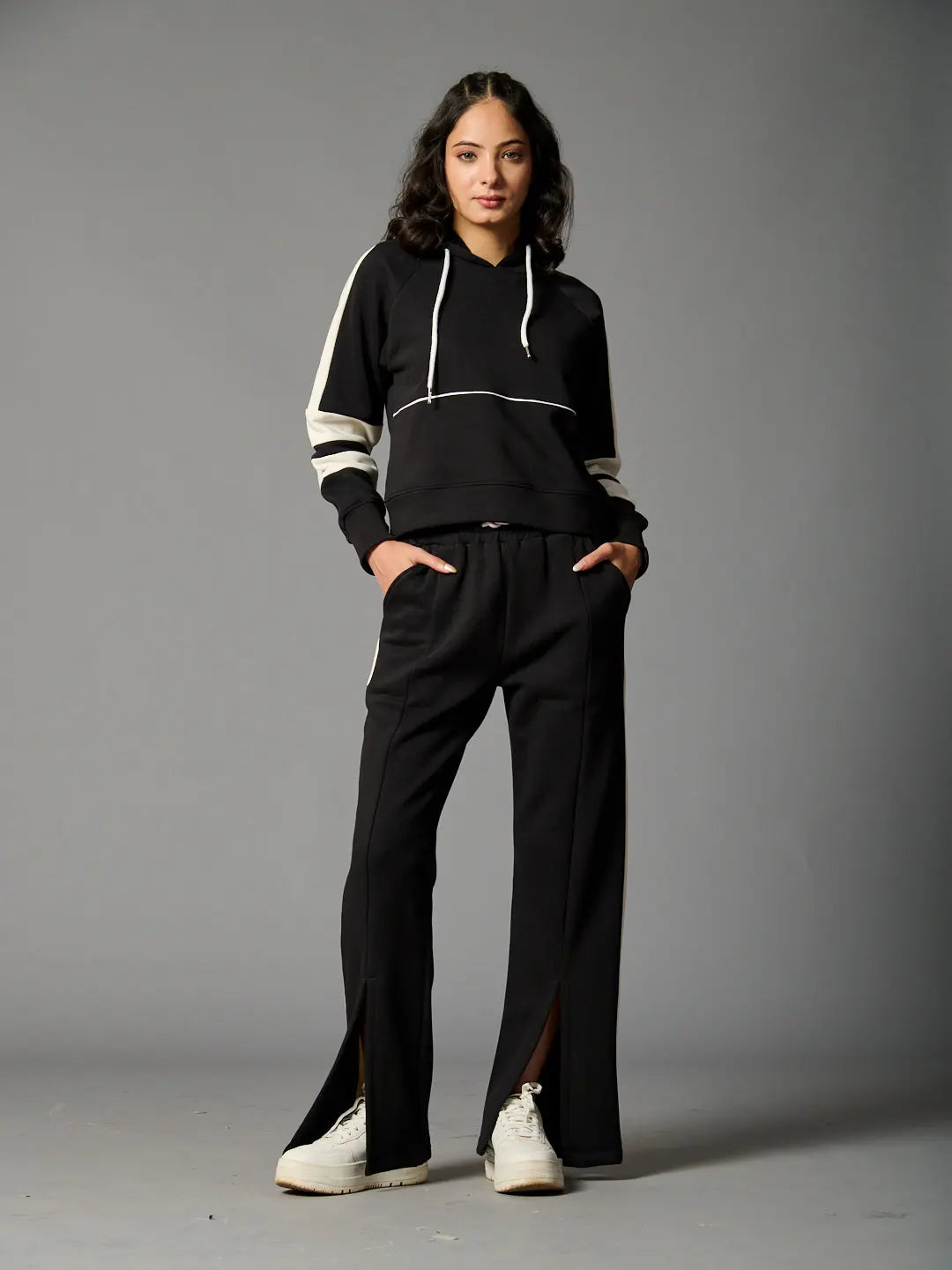 Colourblock Hoodie with Side Slit Fleece Pants-Coord set for Women - Risate