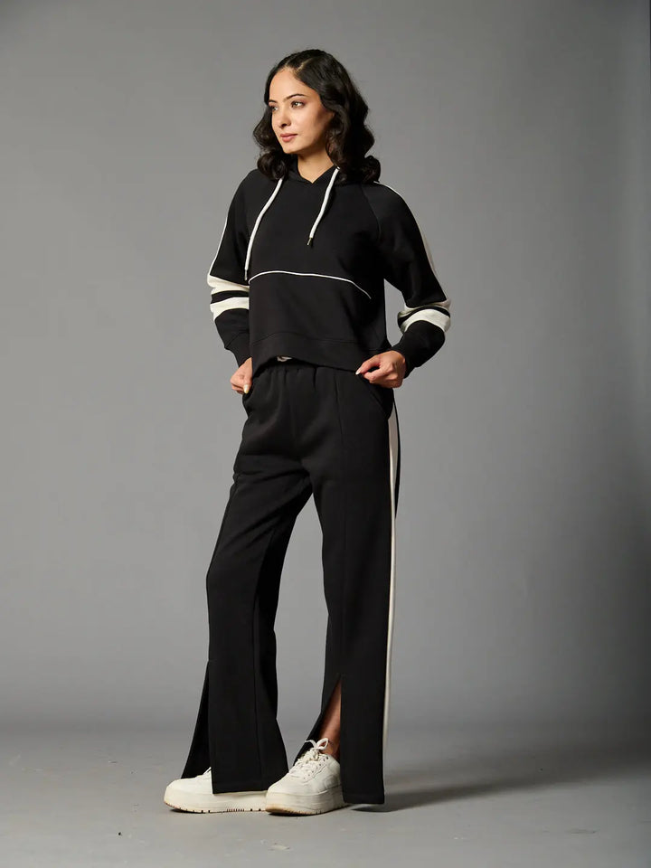 Colourblock Hoodie with Side Slit Fleece Pants-Coord set for Women - Risate
