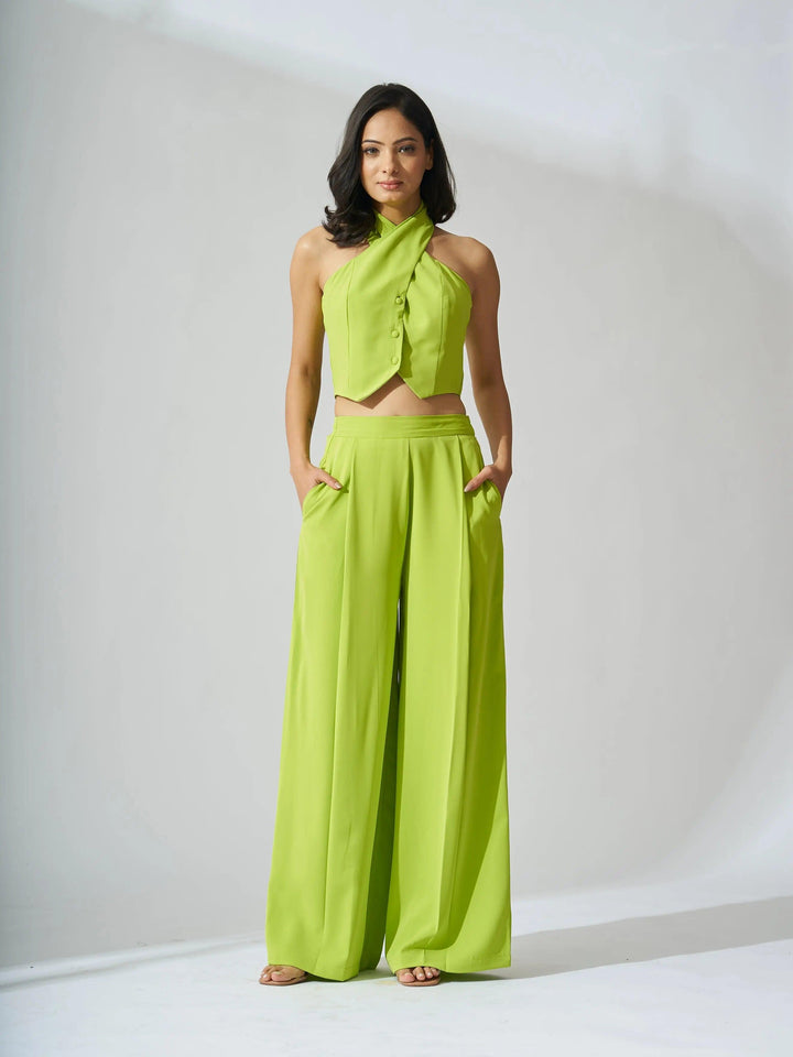 Cross Neck Cropped WaistCoat with Flared Pants - Risate