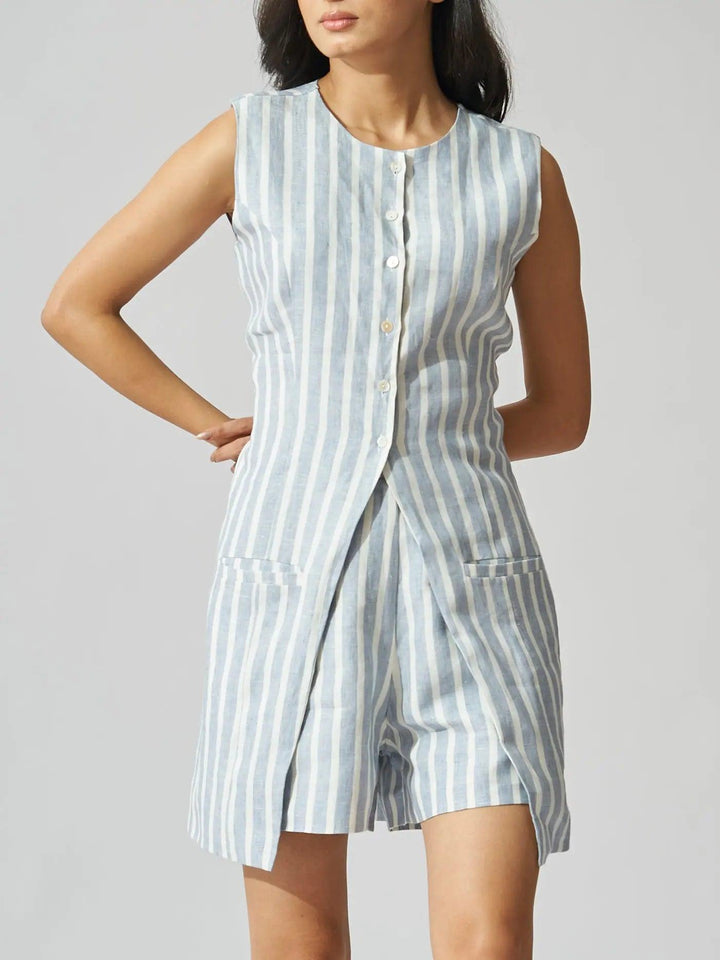 Dallas Pure Linen Striped Front Button Vest with Shorts Coord Set - Risate