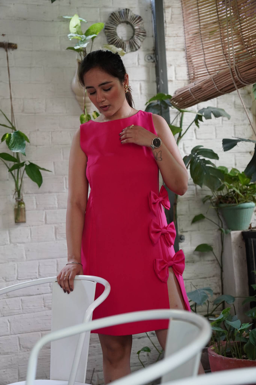Fuchsia Pink Bow Accent Sleeveless Dress - Risate