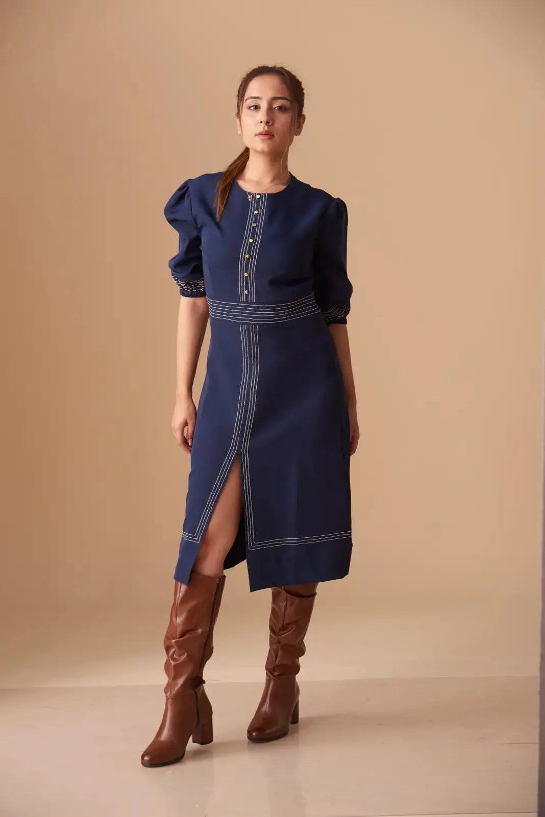 Half Sleeves Top stitch Round neck Midi dress - Risate