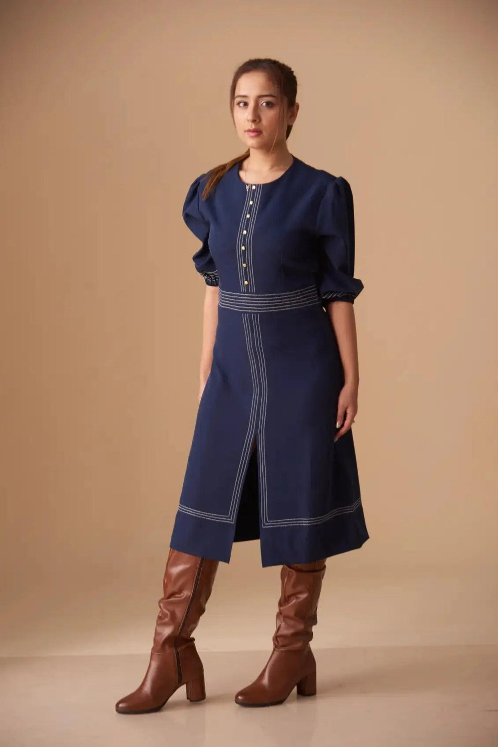 Half Sleeves Top stitch Round neck Midi dress - Risate