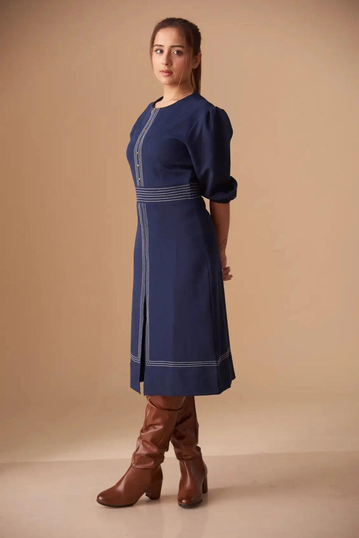 Half Sleeves Top stitch Round neck Midi dress - Risate