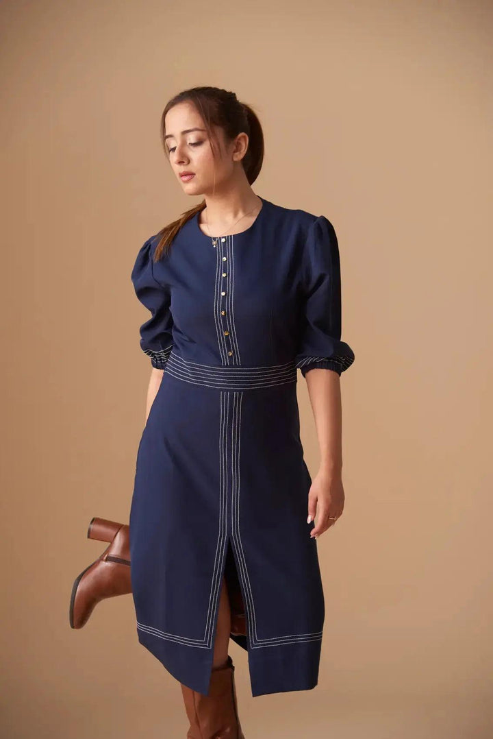 Half Sleeves Top stitch Round neck Midi dress - Risate