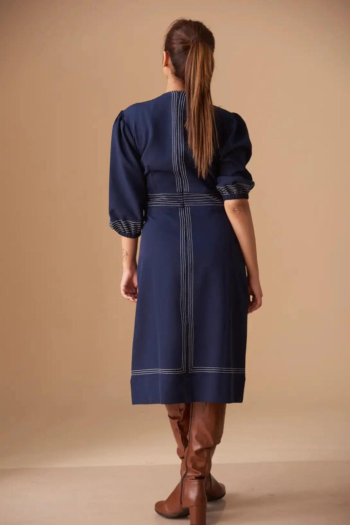 Half Sleeves Top stitch Round neck Midi dress - Risate