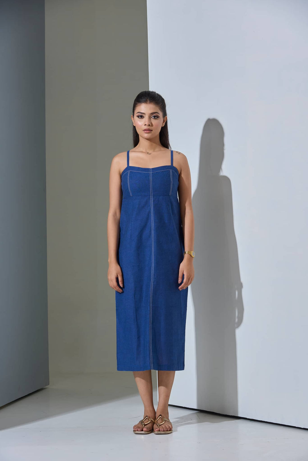 Indigo Slip Denim Blue Cotton Linen Blend Midi Dress - Risate