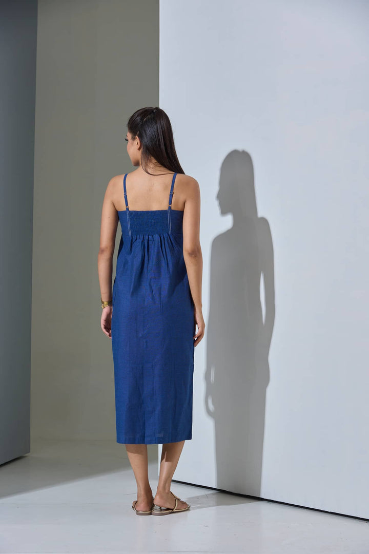 Indigo Slip Denim Blue Cotton Linen Blend Midi Dress - Risate