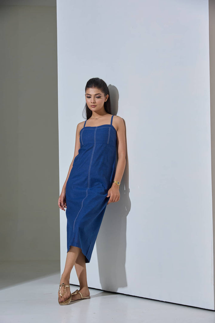 Indigo Slip Denim Blue Cotton Linen Blend Midi Dress - Risate