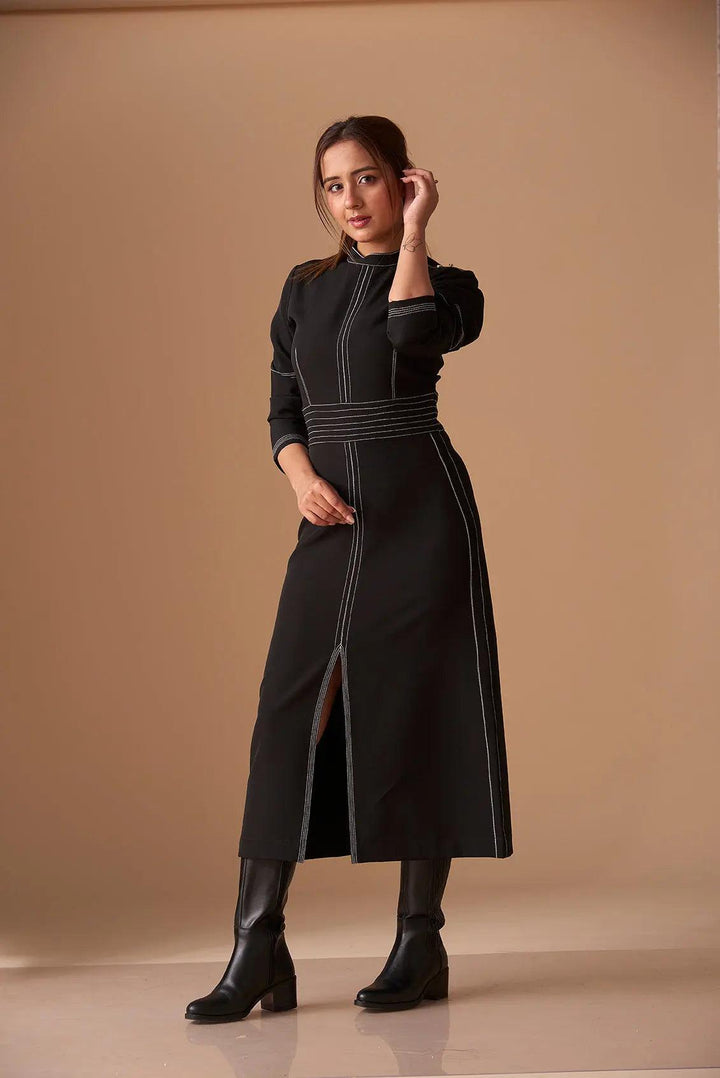 Long-Sleeve Topstitched Mock-Neck Dress - Risate