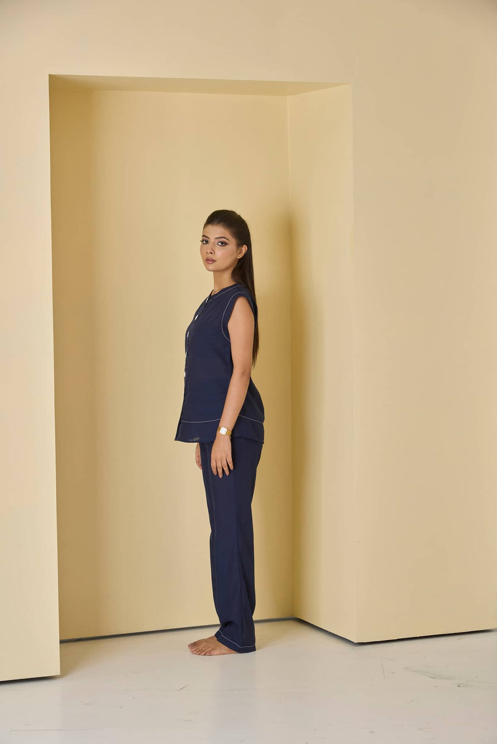 Navy Poly Linen Blend Co-ord Set - Risate
