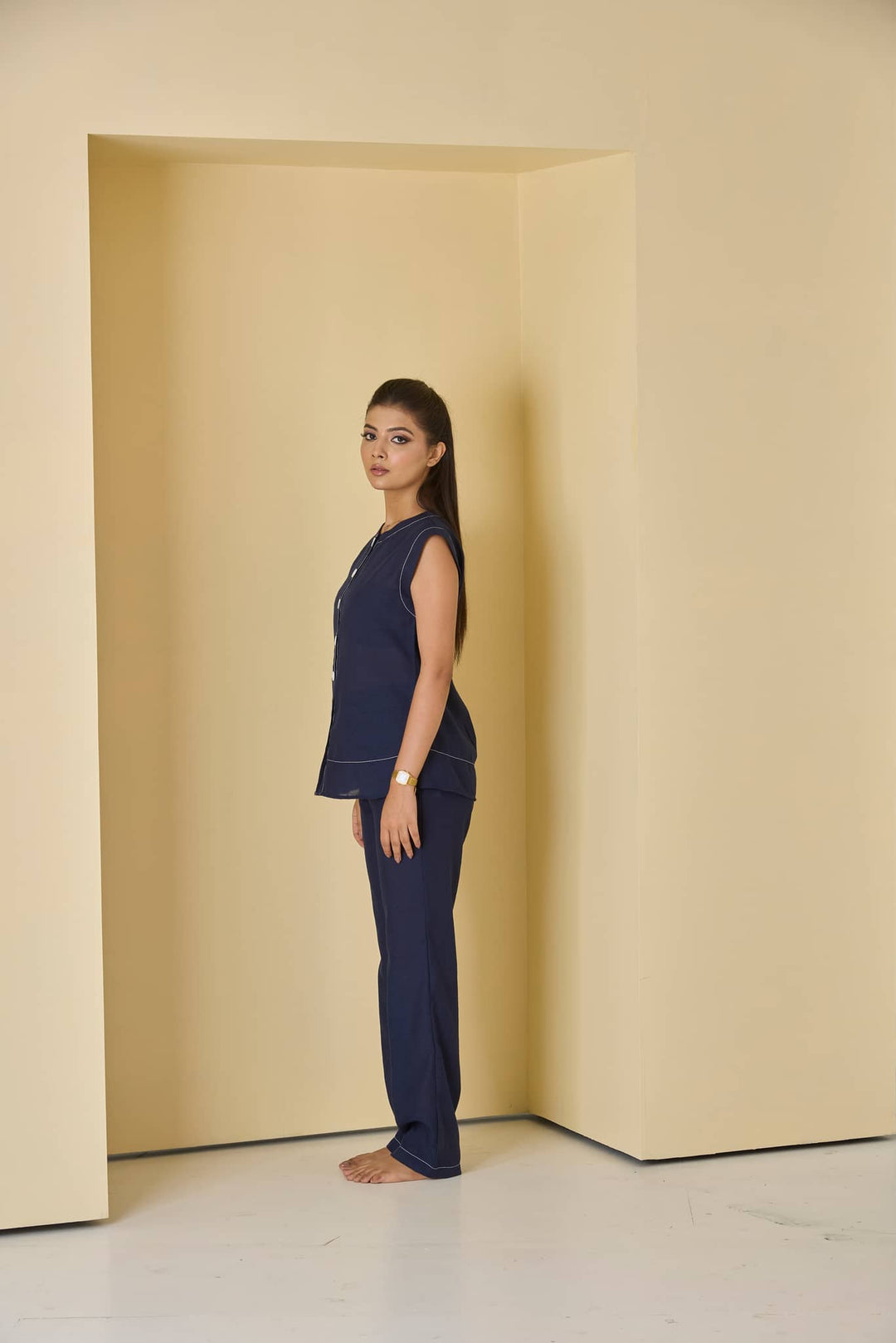 Navy Poly Linen Blend Co-ord Set - Risate