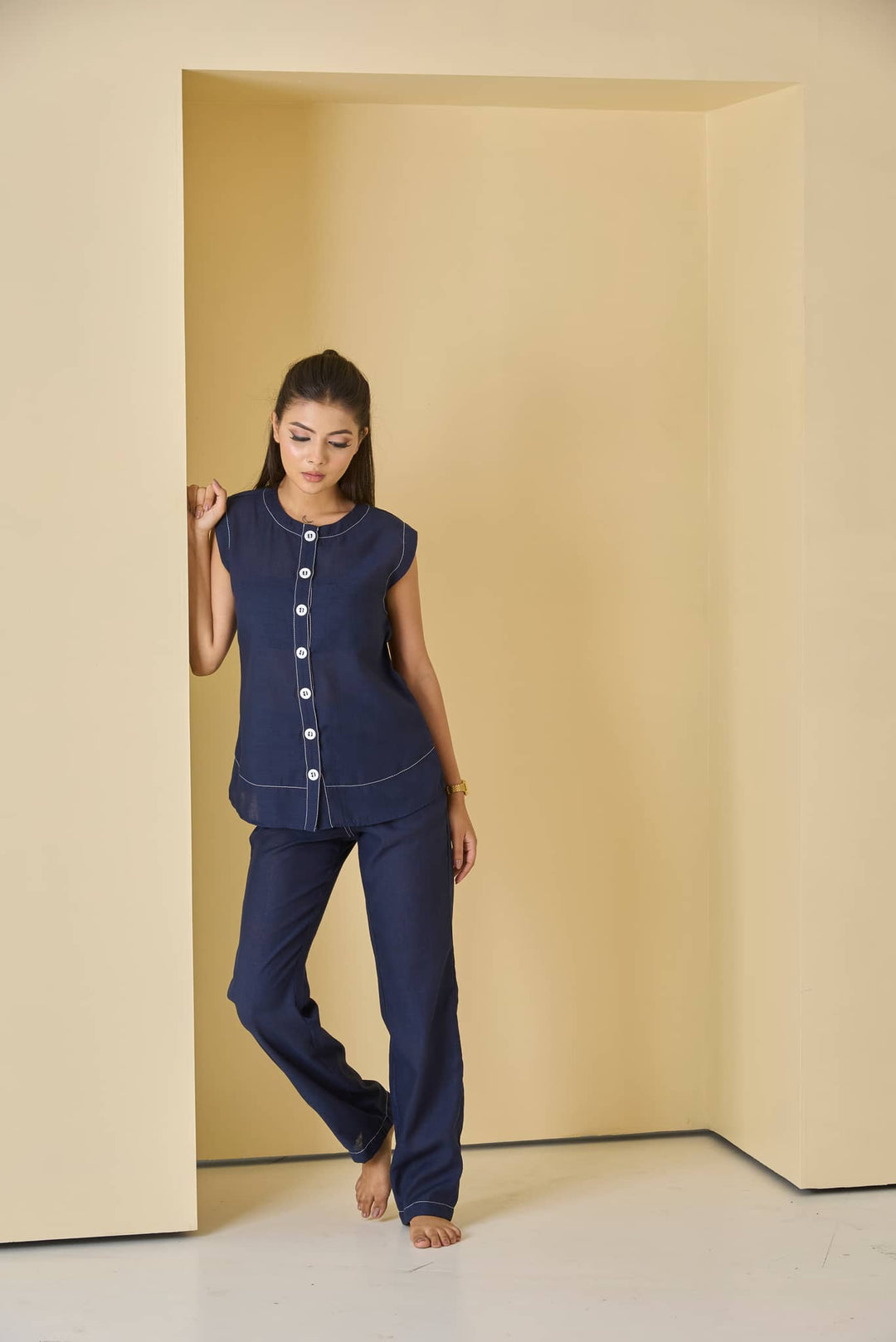 Navy Poly Linen Blend Co-ord Set - Risate