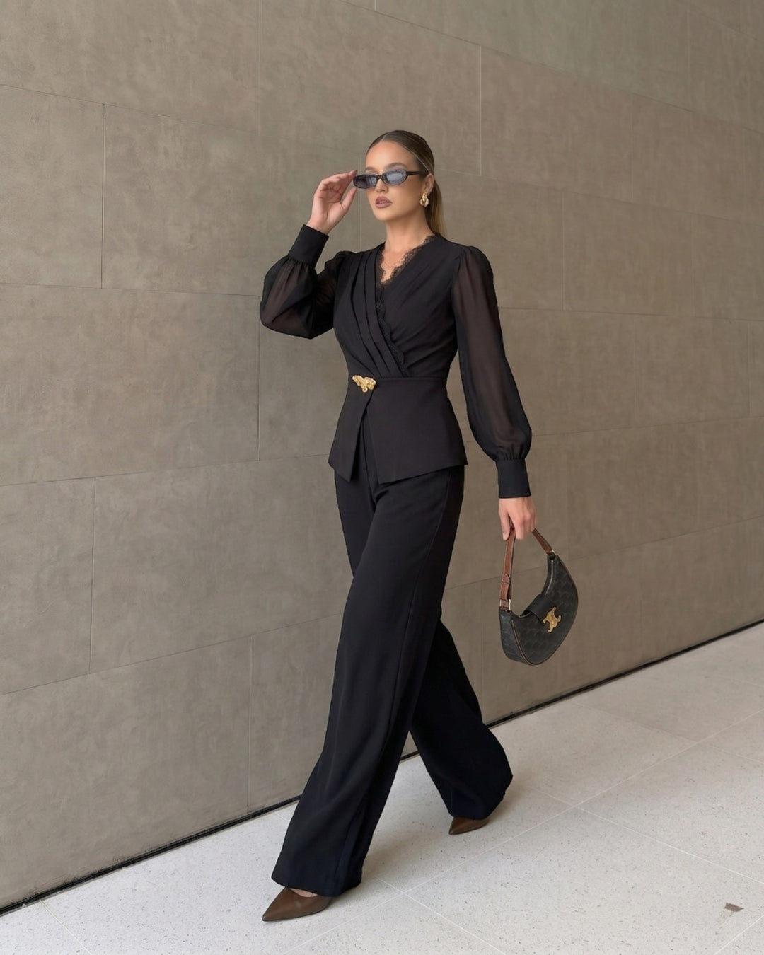 Black Lace-Trim Wrap Top And Wide-Leg Pant Set