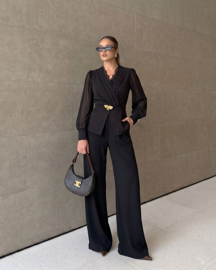 Black Lace-Trim Wrap Top And Wide-Leg Pant Set
