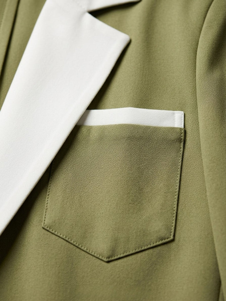The Althea Contrast Trim Blazer Set – Light Olive & Ivory - Risate