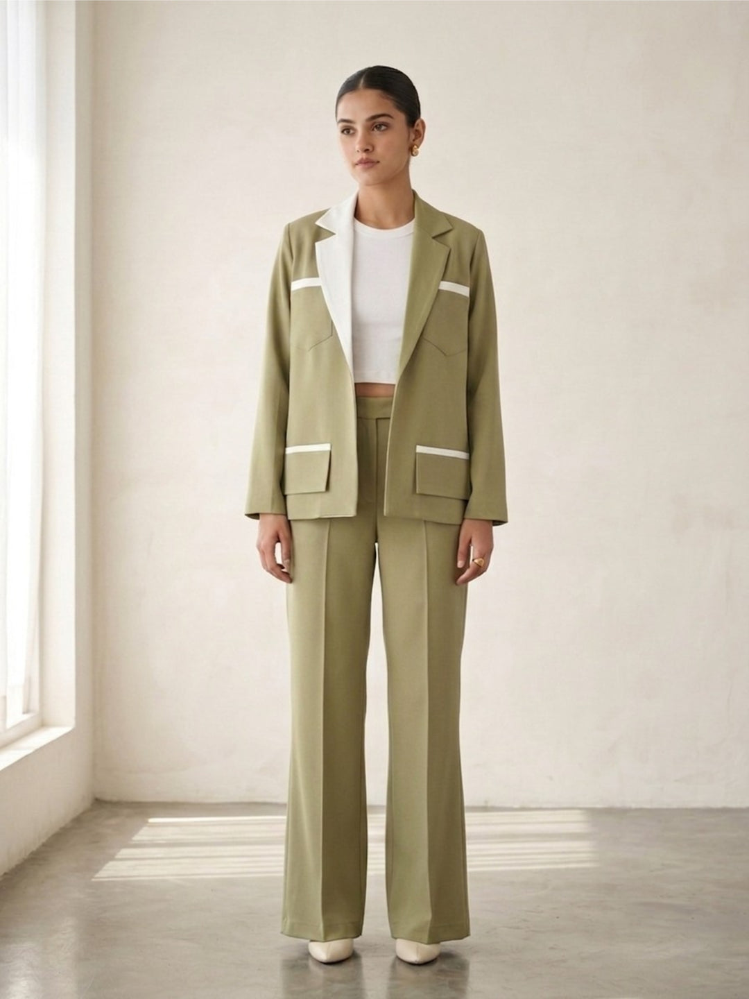 The Althea Contrast Trim Blazer Set – Olive & Ivory - Risate