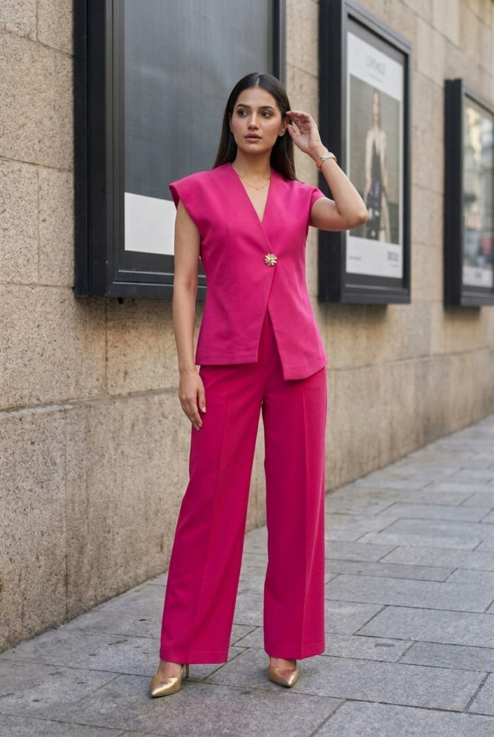 Valentino Pink Crepe Asymmetric Waistcoat & Wide-Leg Trouser Co-ord Set