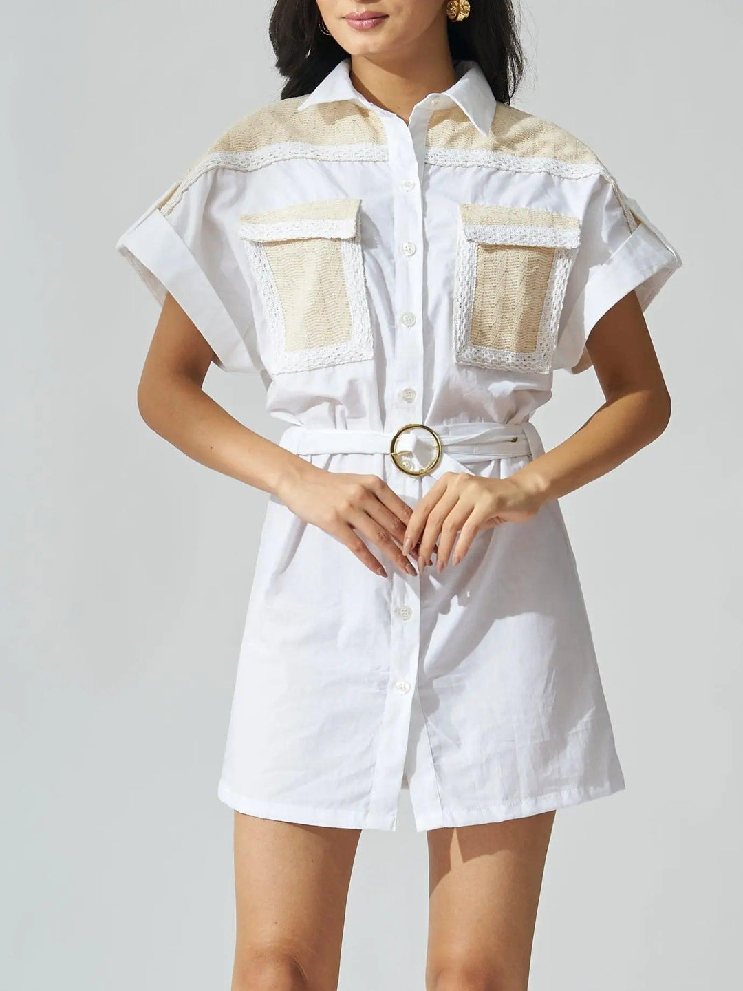White Poplin crochet patch shirt dress - Risate