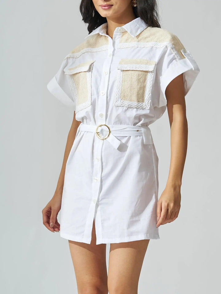 White Poplin crochet patch shirt dress - Risate