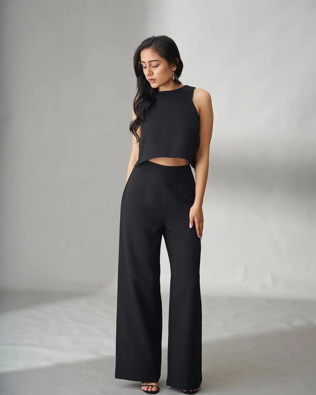 Stylish Risate black co-ord set for women featuring a chic cropped top and wide-leg pants