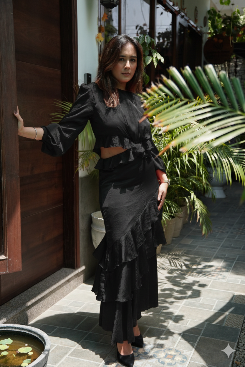 Elegant black evening gown for women with ruffled design and stylish crop top, perfect for formal events